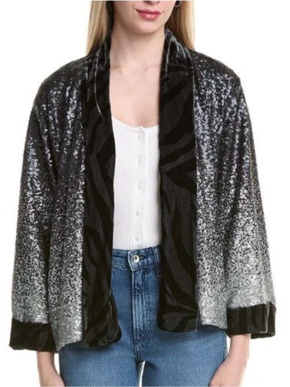 Johnny Was Black & Silver Sequin Open-Front Cardigan - Picture 1 of 9